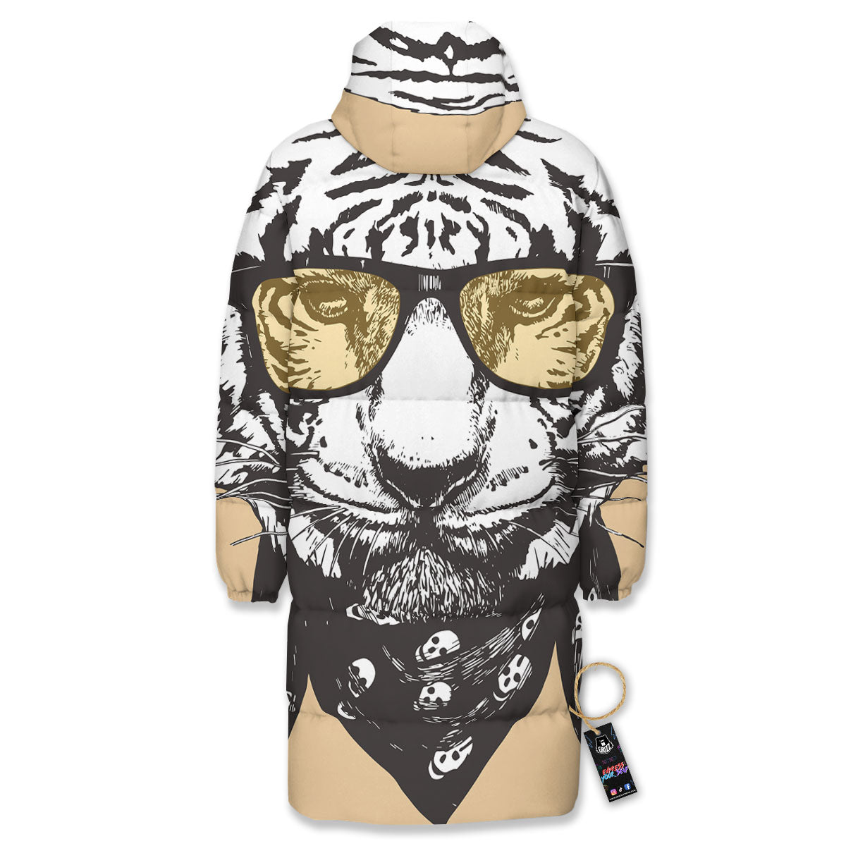 White Tiger With Sunglasses Print Pattern Long Down Jacket-grizzshop