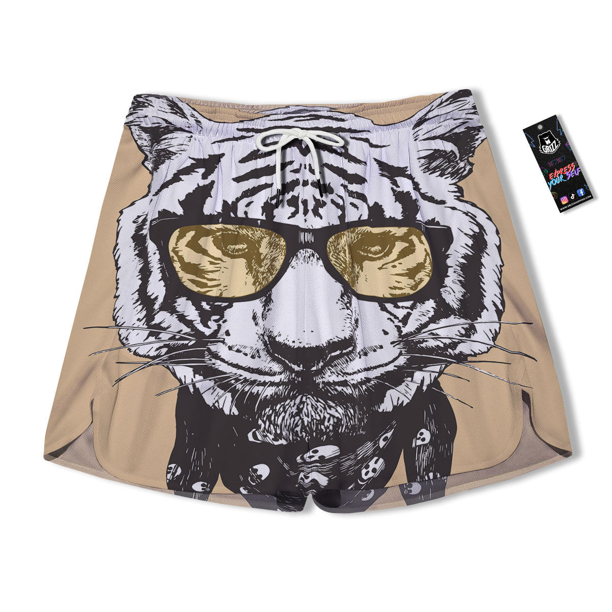 White Tiger With Sunglasses Print Pattern Men's Running Shorts-grizzshop