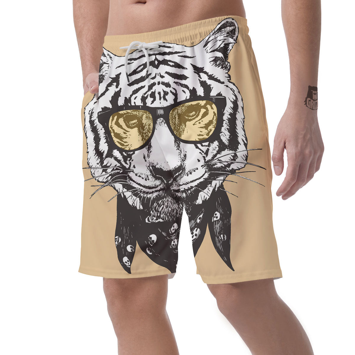 White Tiger With Sunglasses Print Pattern Men's Shorts-grizzshop