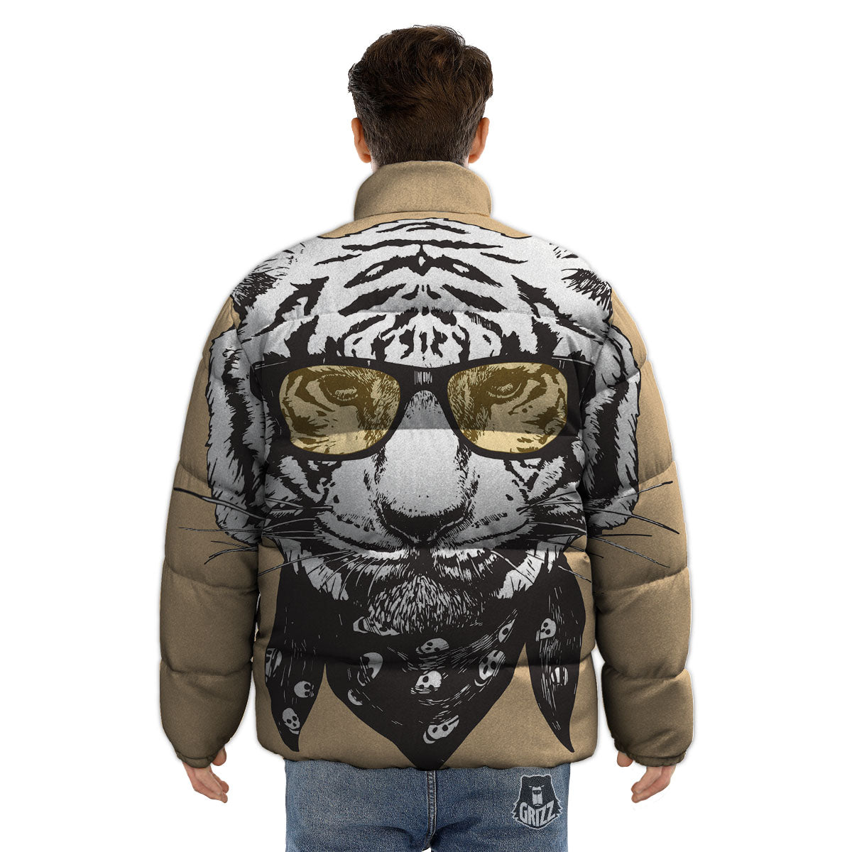 White Tiger With Sunglasses Print Pattern Puffer Jacket-grizzshop