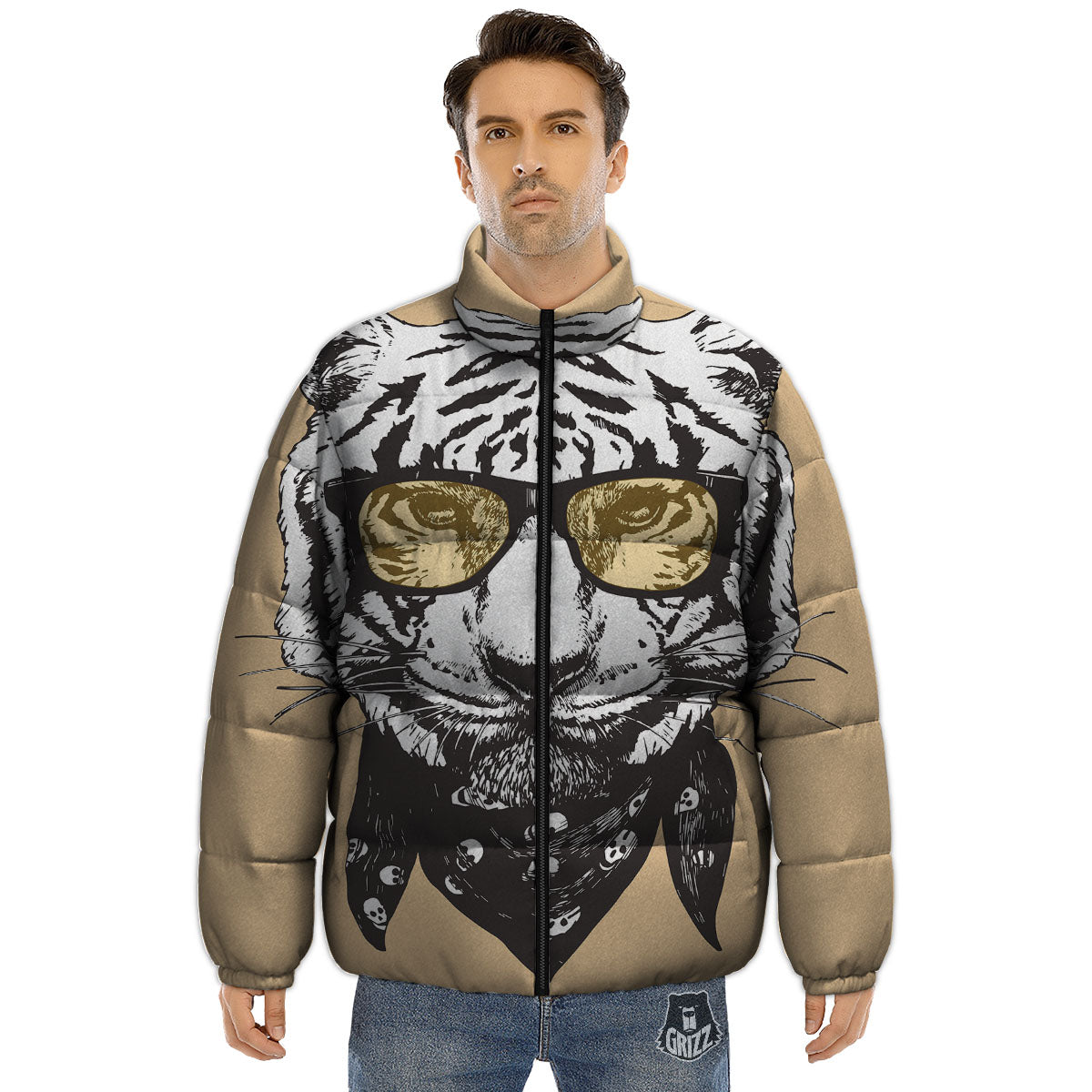 White Tiger With Sunglasses Print Pattern Puffer Jacket-grizzshop