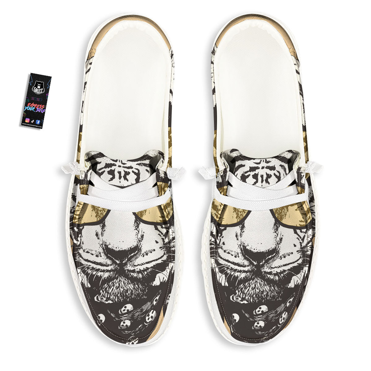 White Tiger With Sunglasses Print Pattern White Loafers-grizzshop