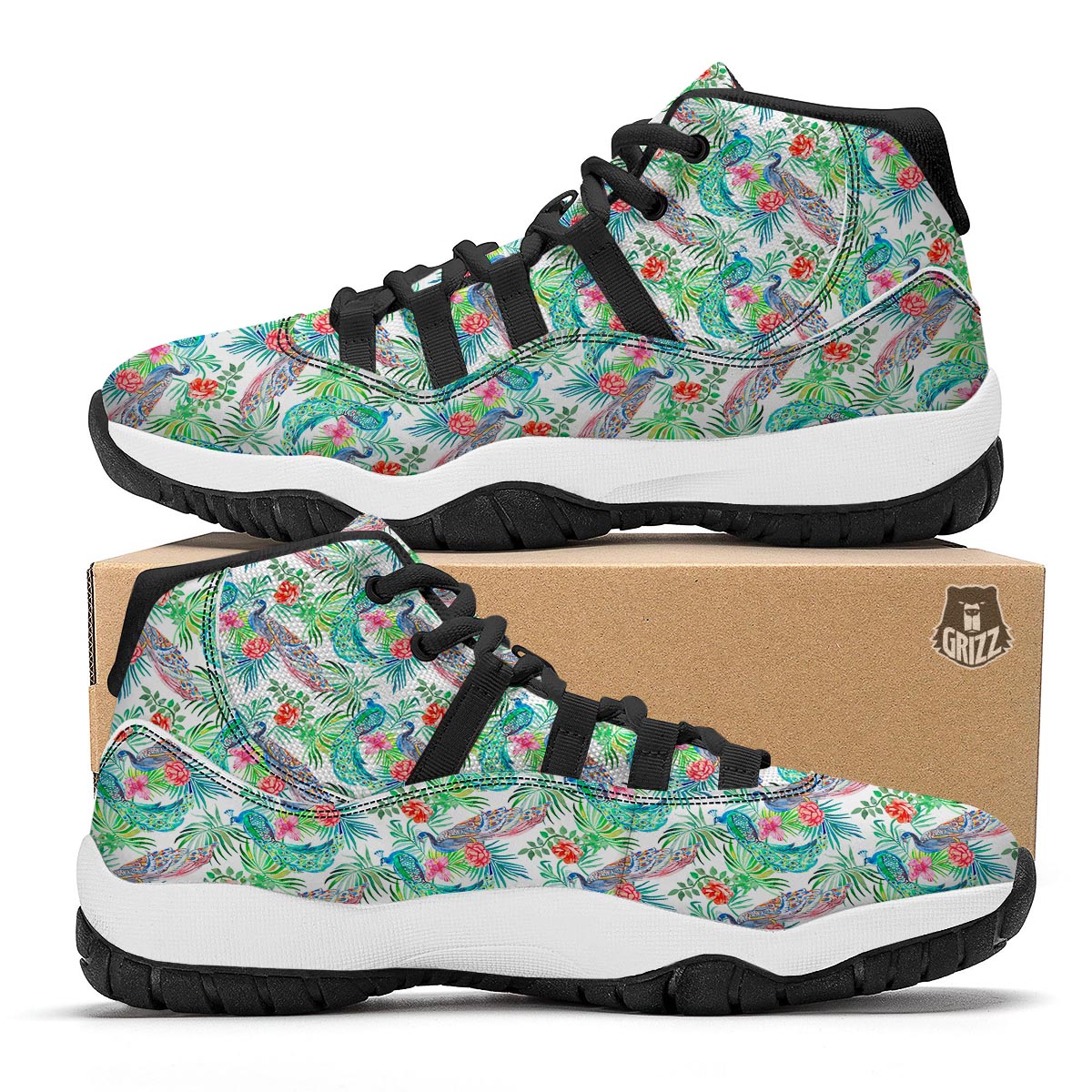White Tropical Peacock Black Bball Shoes-grizzshop