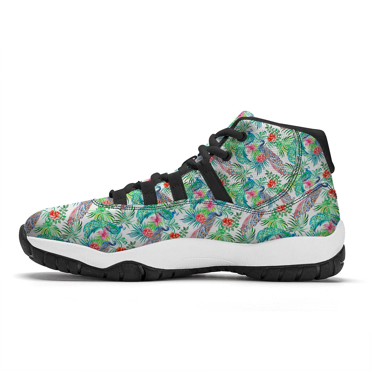 White Tropical Peacock Black Bball Shoes-grizzshop