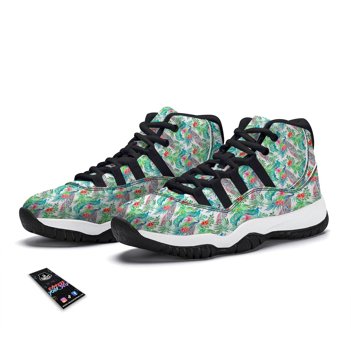 White Tropical Peacock Black Bball Shoes-grizzshop