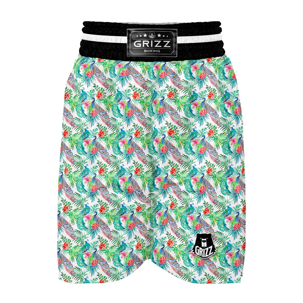 White Tropical Peacock Boxing Shorts-grizzshop