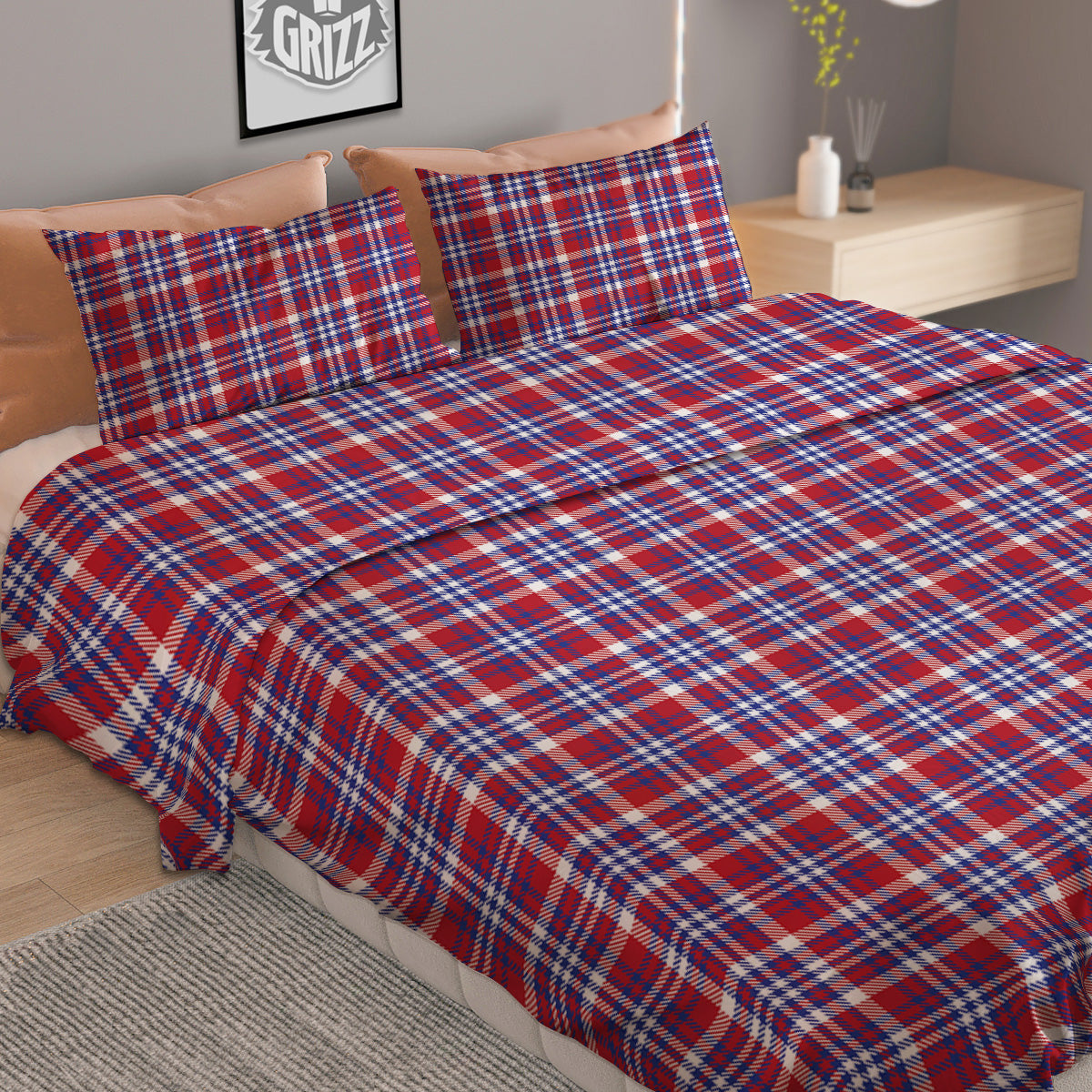 White USA Plaid And Blue Red Print Duvet Cover Bedding Set