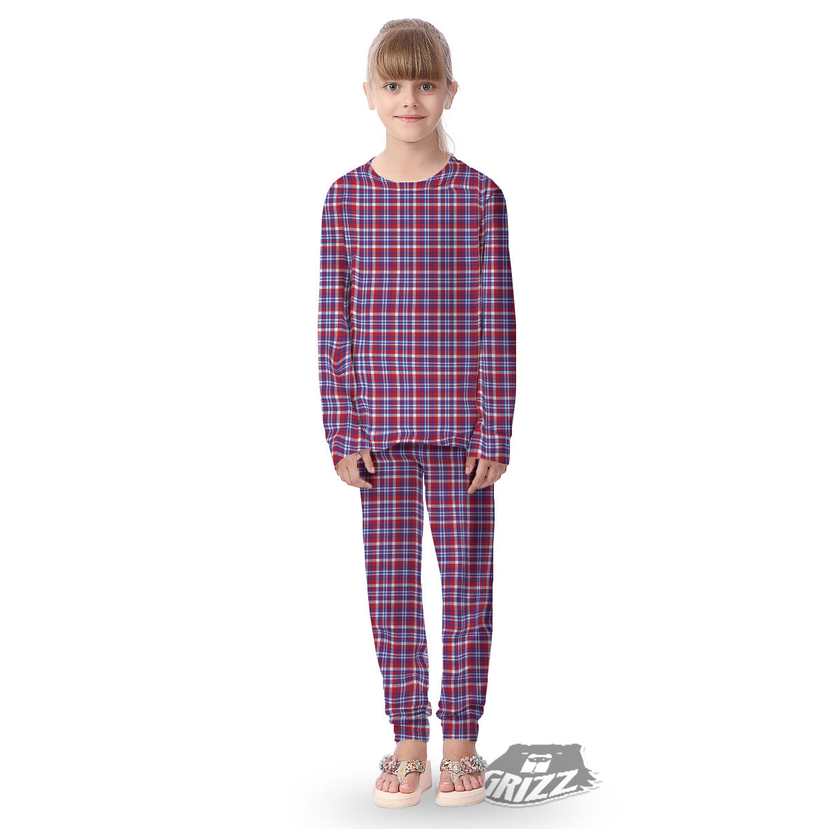 White USA Plaid And Blue Red Print Kid's Pajamas-grizzshop