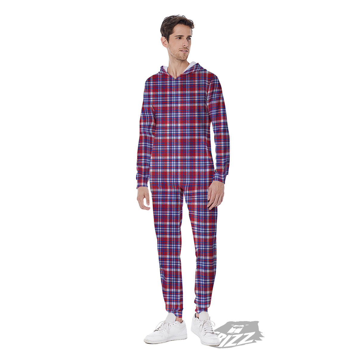 White USA Plaid And Blue Red Print Men's Jumpsuit-grizzshop