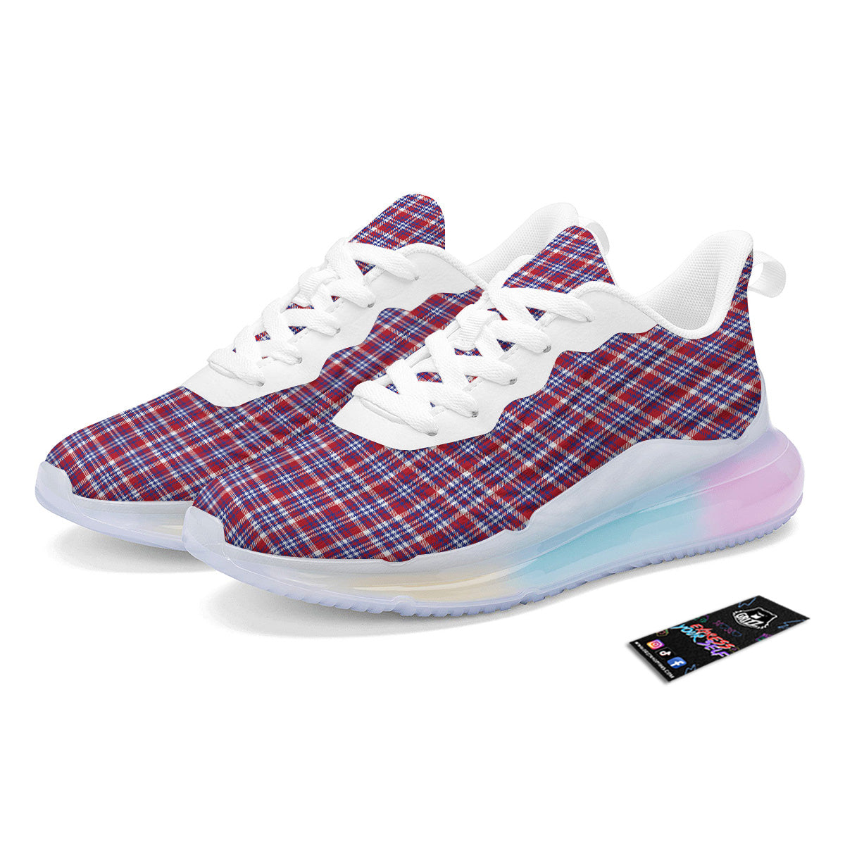 White USA Plaid And Blue Red Print Running Sneakers-grizzshop