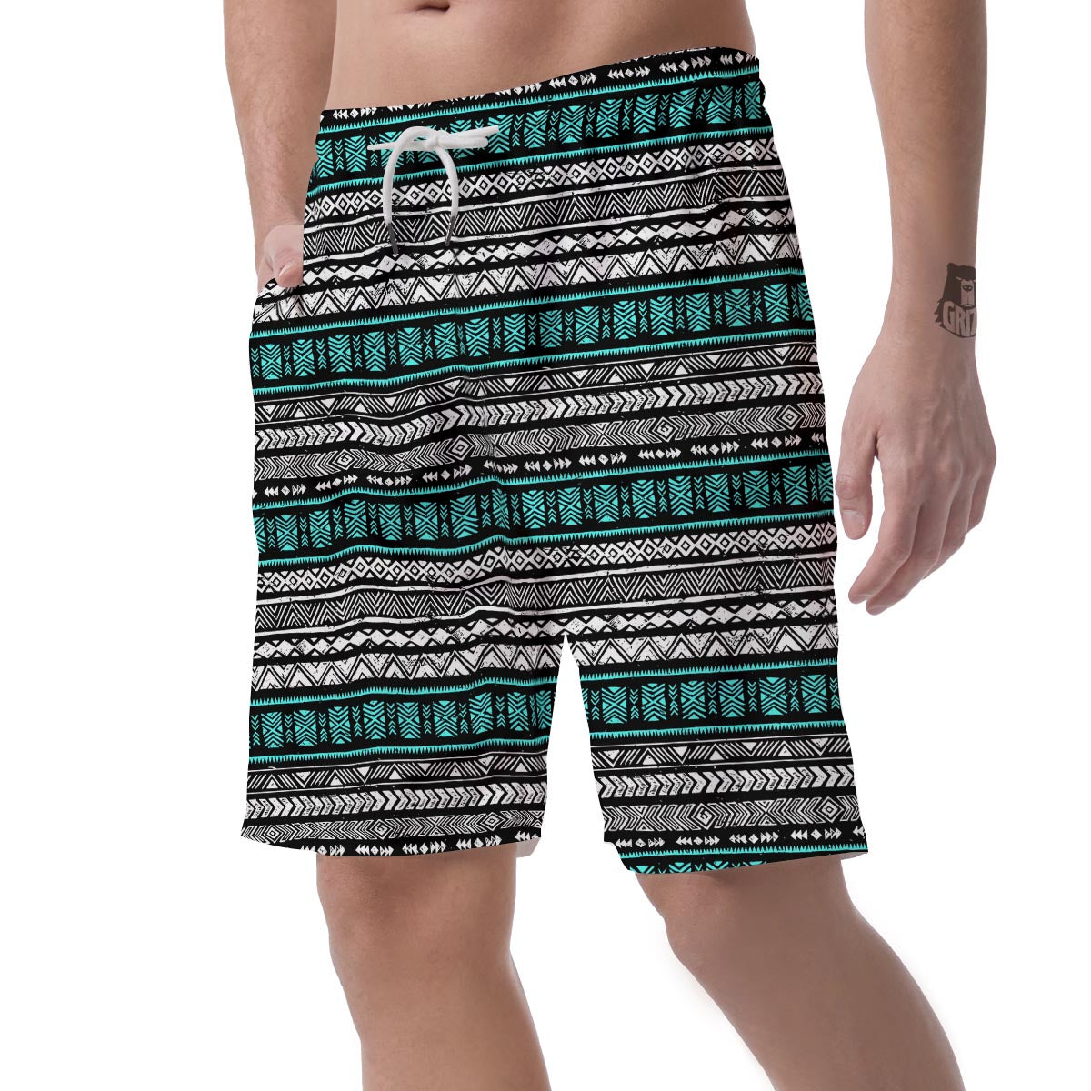 White and Turquoise Tribal Navajo Hand Drawn Men's Shorts-grizzshop