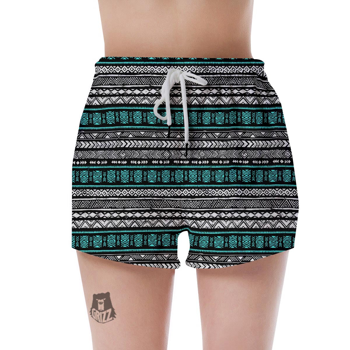 White and Turquoise Tribal Navajo Hand Drawn Women's Shorts-grizzshop