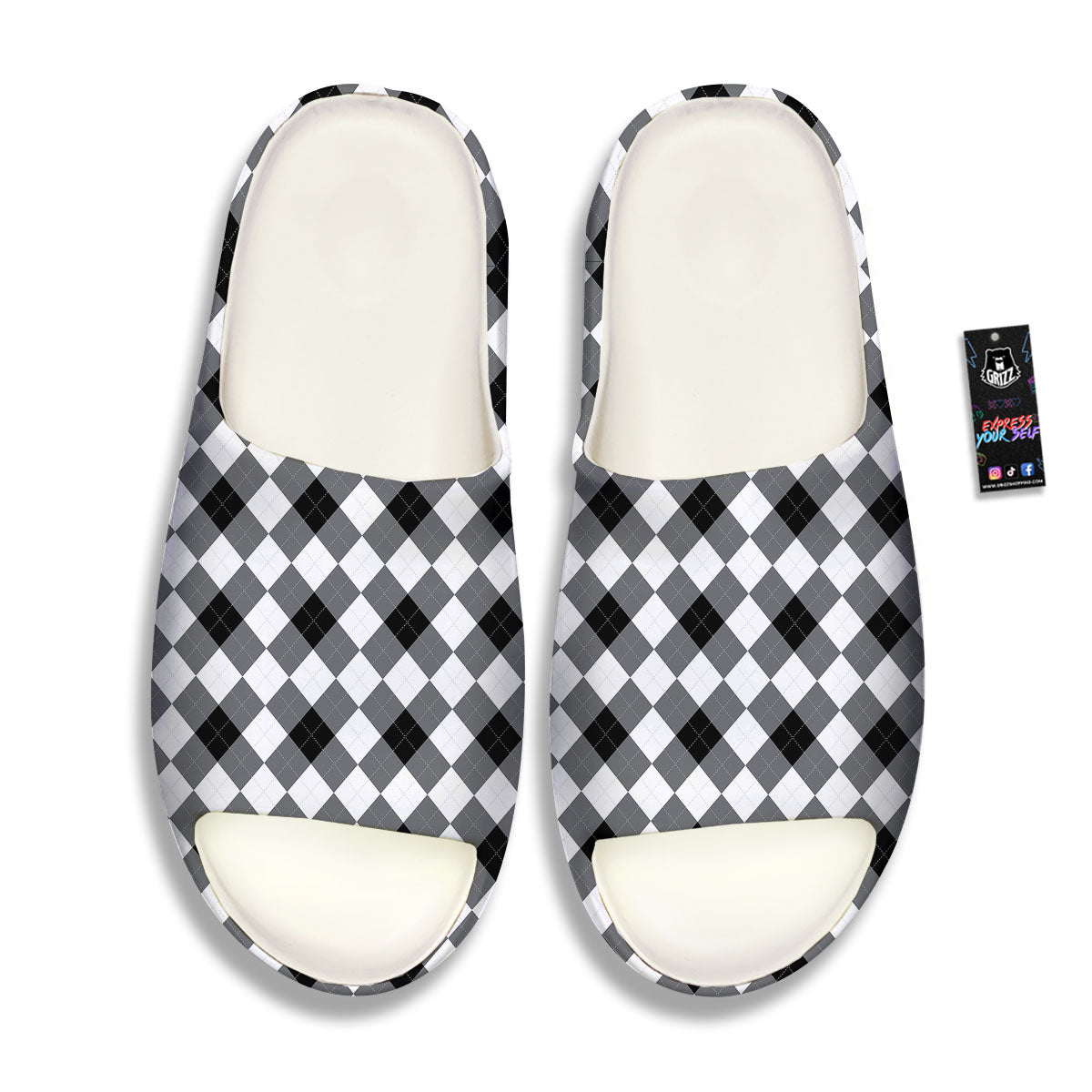 White And Black Argyle Print Pattern Sandals-grizzshop