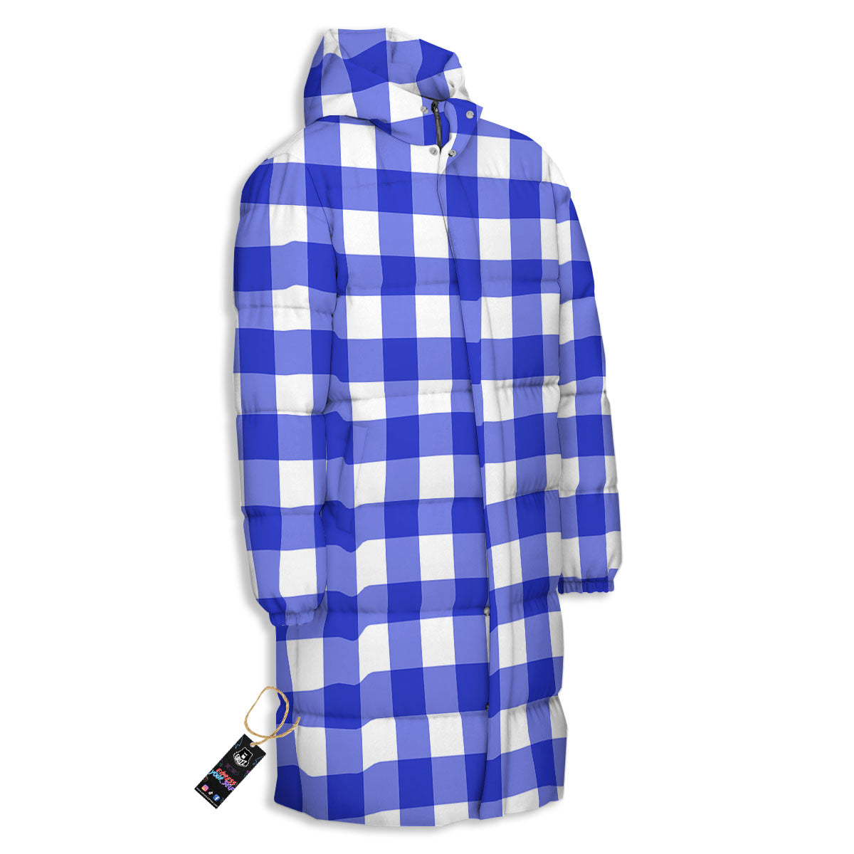 White And Blue Check Print Pattern Long Down Jacket