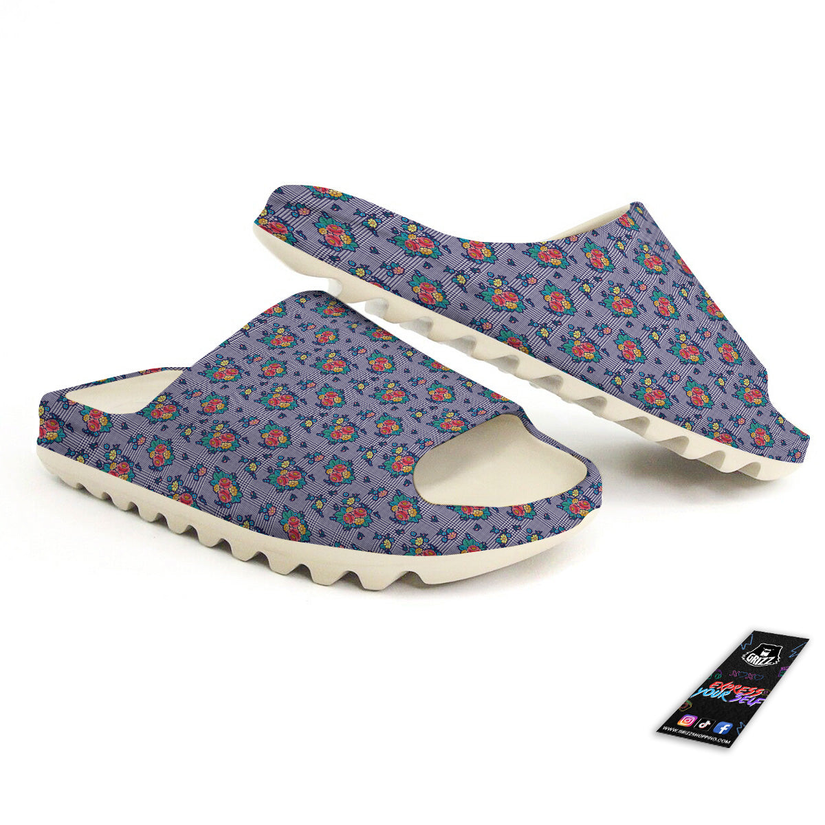 White And Blue Floral Glen Plaid Print Sandals-grizzshop