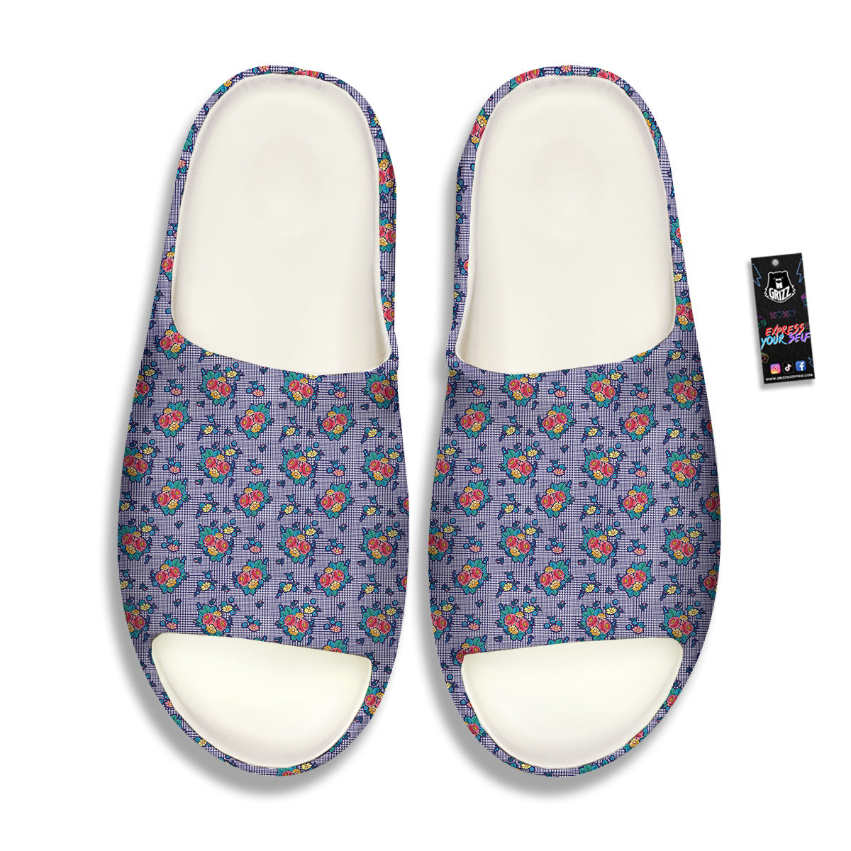 White And Blue Floral Glen Plaid Print Sandals-grizzshop