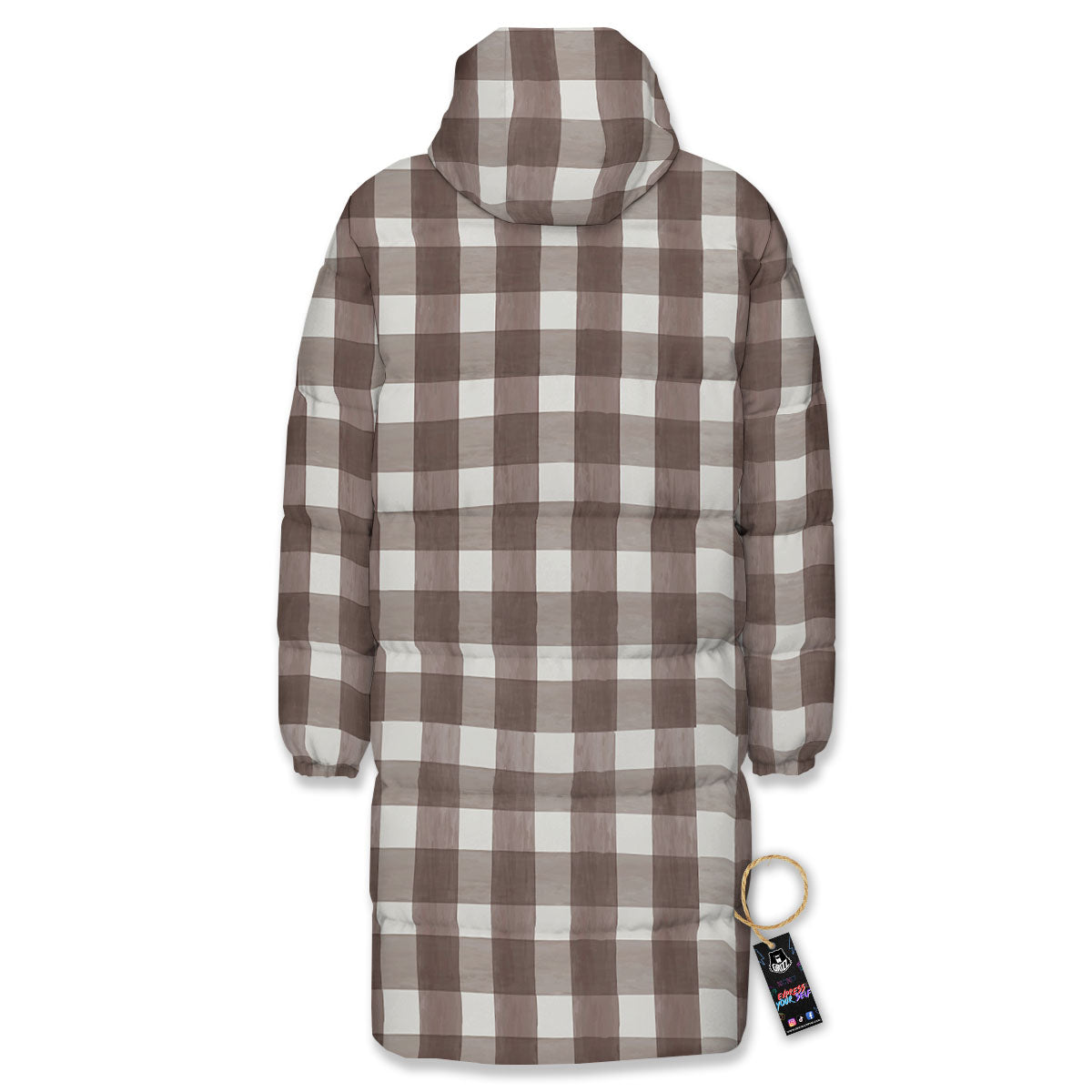 White And Brown Doodle Check Print Pattern Long Down Jacket
