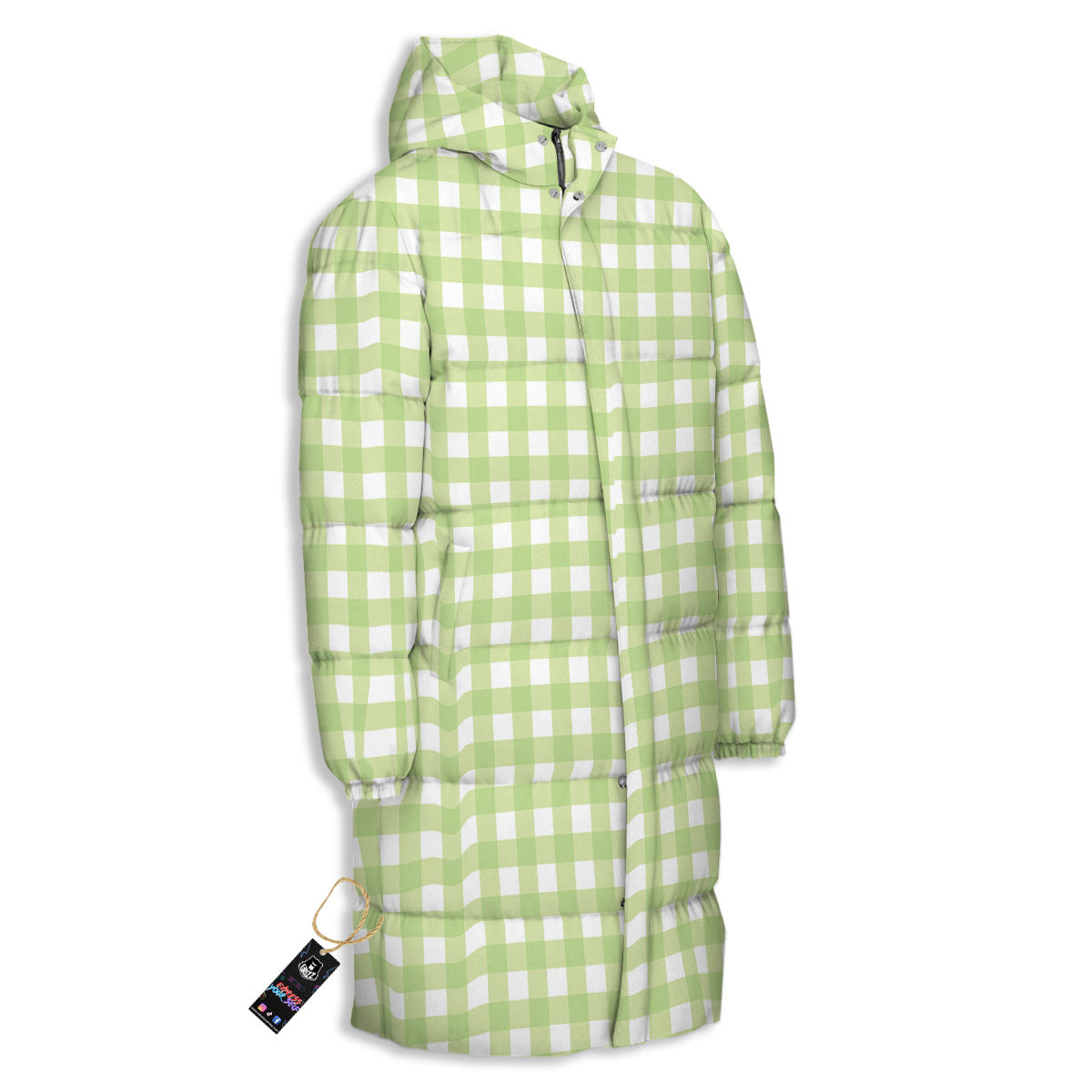 White And Green Check Print Pattern Long Down Jacket