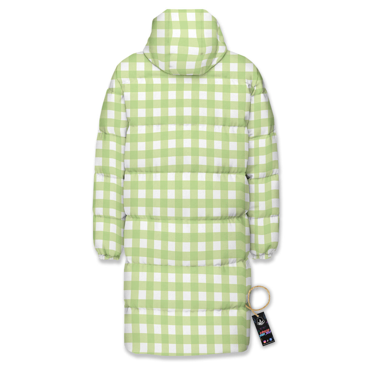 White And Green Check Print Pattern Long Down Jacket