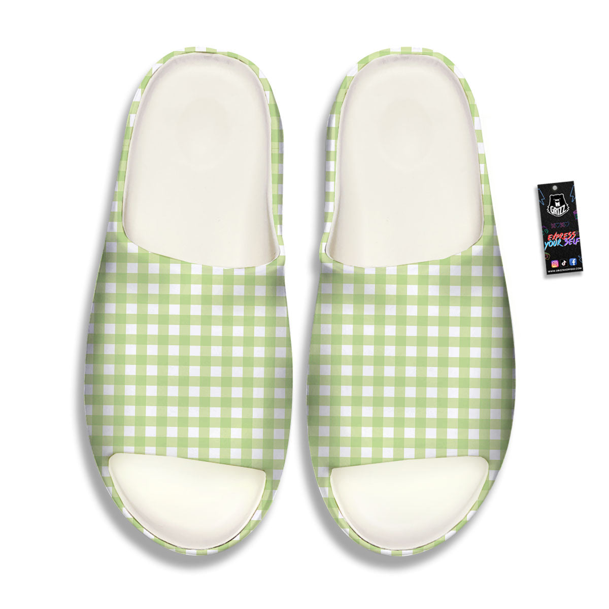 White And Green Check Print Pattern Sandals-grizzshop