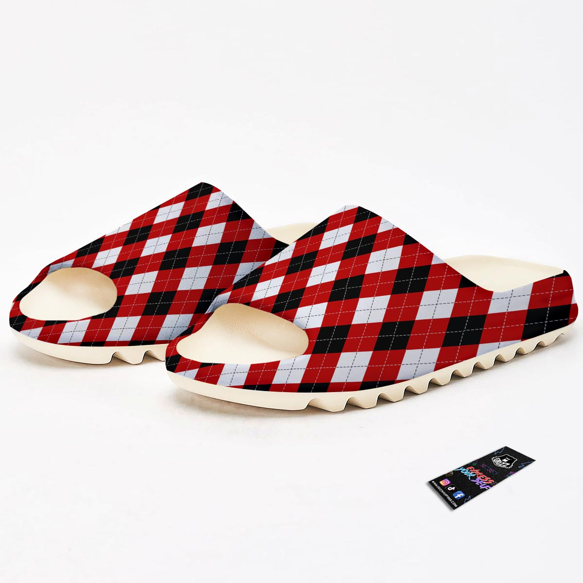 White Argyle And Black Red Print Pattern Sandals-grizzshop