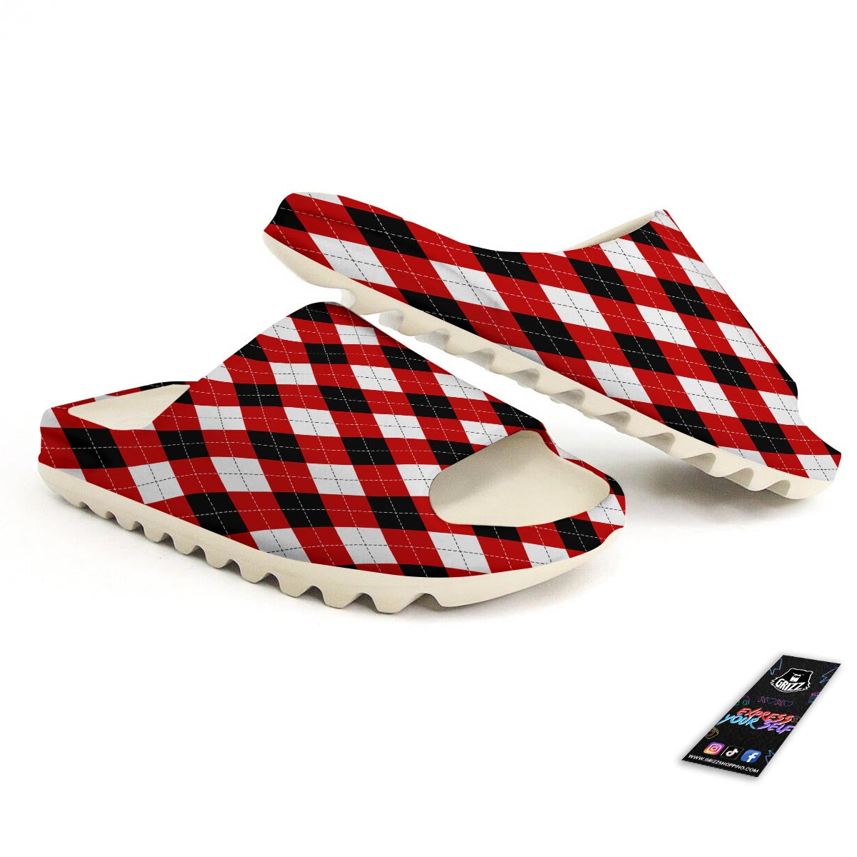 White Argyle And Black Red Print Pattern Sandals-grizzshop