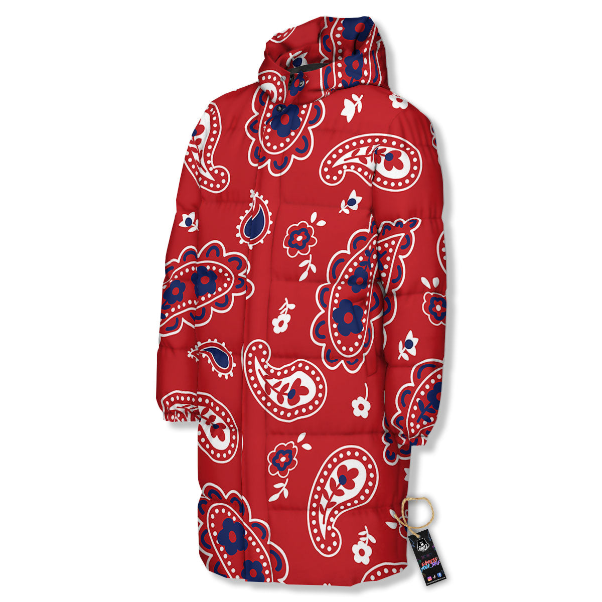 White Bandana And Blue Red Print Long Down Jacket