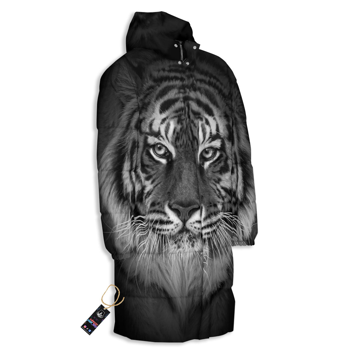 White Bengal Tiger Monochrome Print Long Down Jacket