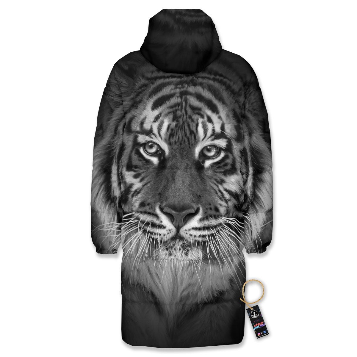 White Bengal Tiger Monochrome Print Long Down Jacket