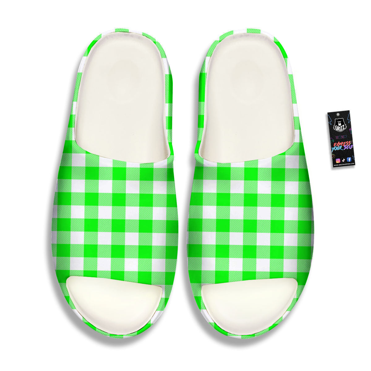 White Buffalo Check And UFO Green Print Pattern Sandals-grizzshop