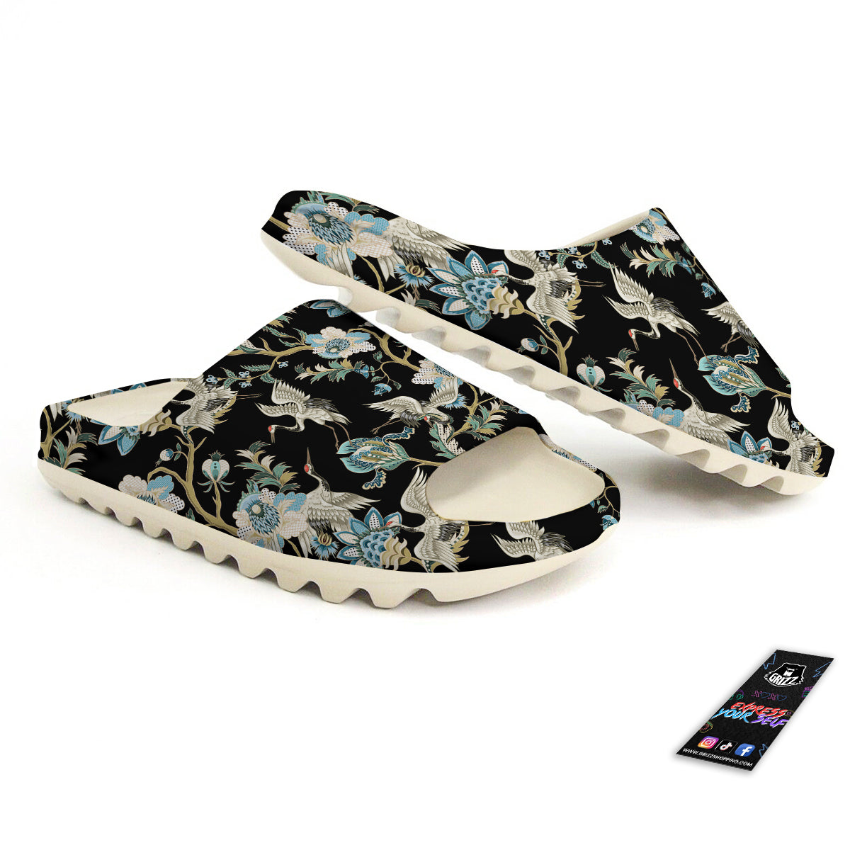 White Cranes Japanese Black Print Pattern Sandals-grizzshop
