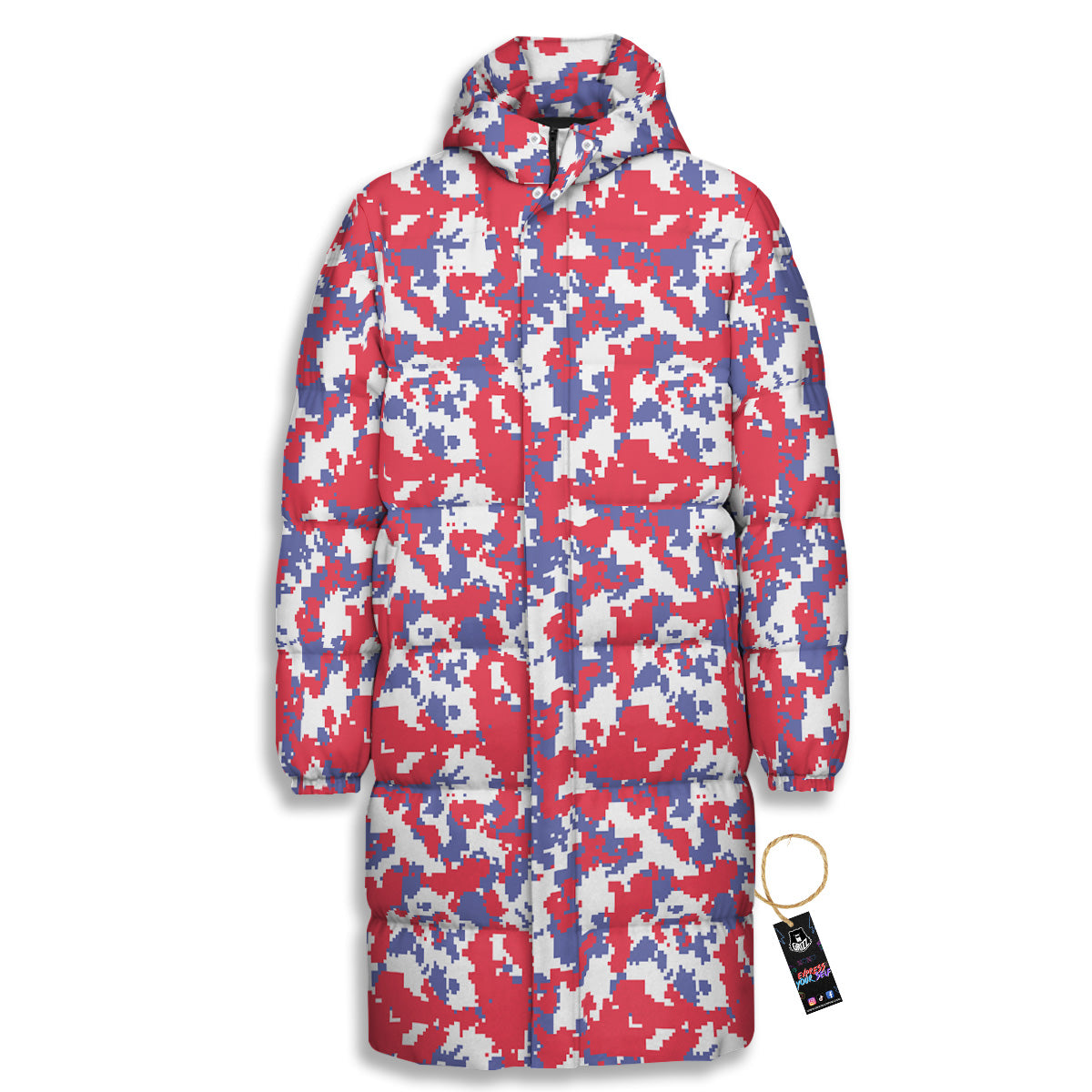 White Digital Camo And Blue Red Print Long Down Jacket