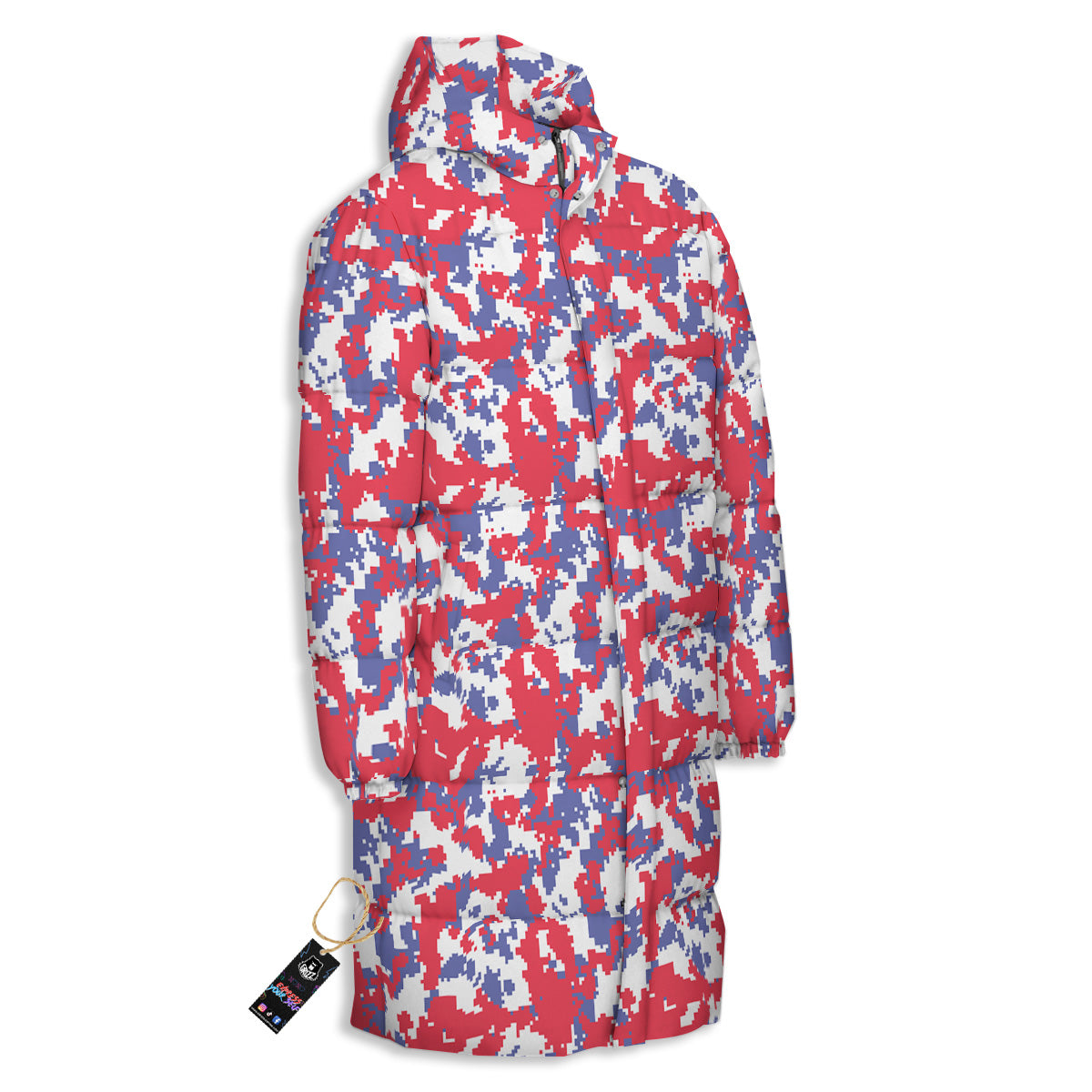 White Digital Camo And Blue Red Print Long Down Jacket