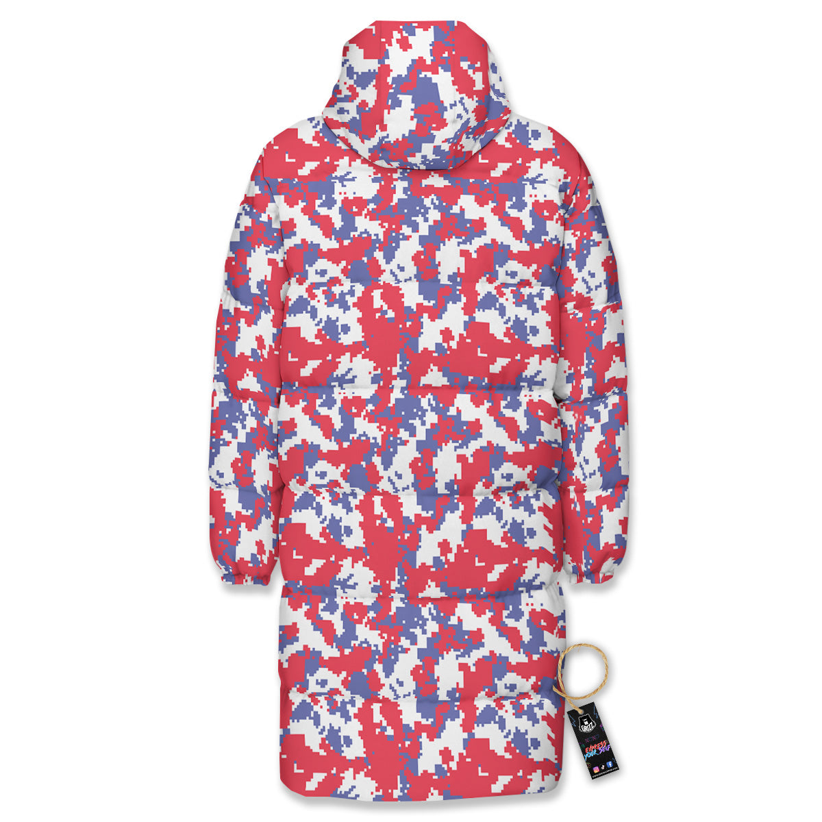 White Digital Camo And Blue Red Print Long Down Jacket