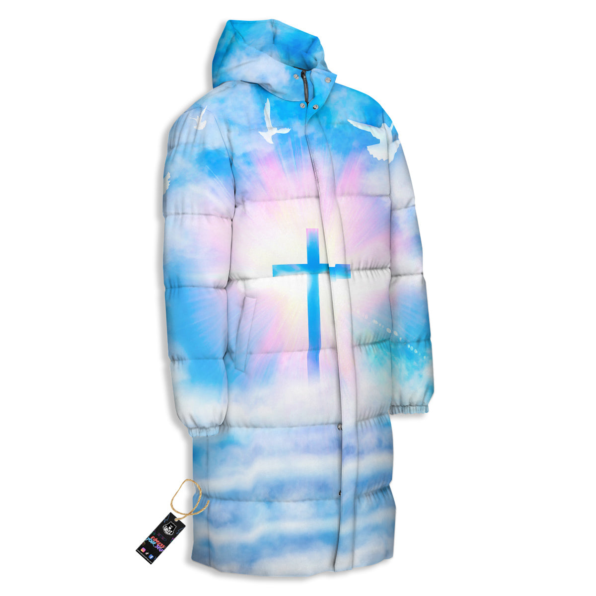 White Doves And Christian Cross Print Long Down Jacket