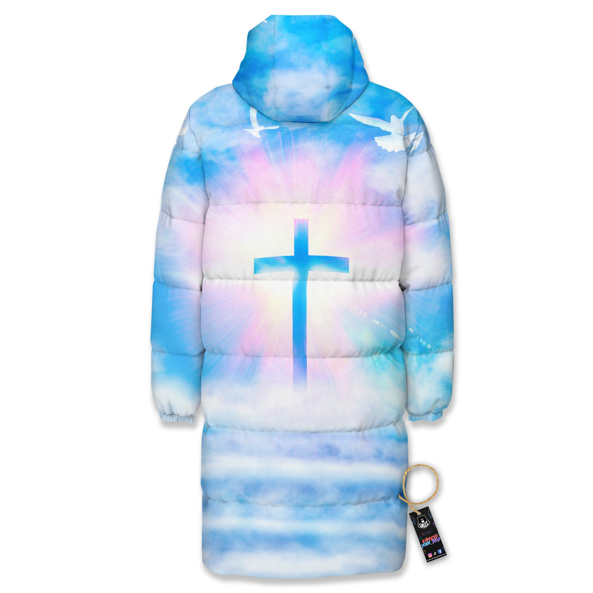 White Doves And Christian Cross Print Long Down Jacket