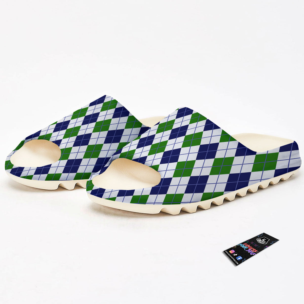 White Green And Navy Argyle Print Sandals-grizzshop
