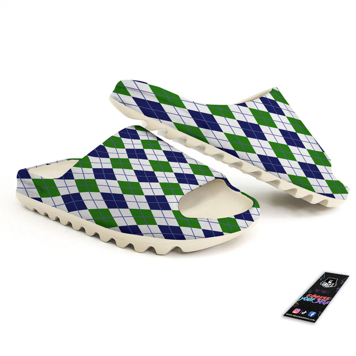White Green And Navy Argyle Print Sandals-grizzshop