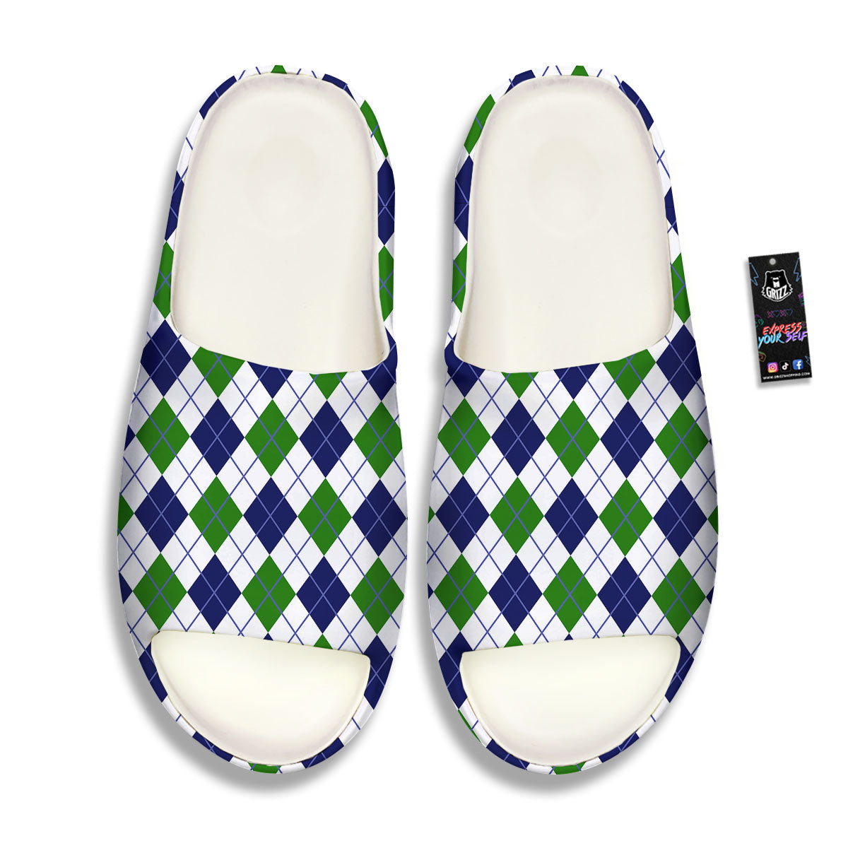 White Green And Navy Argyle Print Sandals-grizzshop