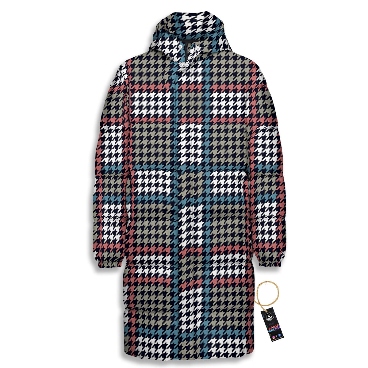 White Houndstooth And Blue Red Print Long Down Jacket