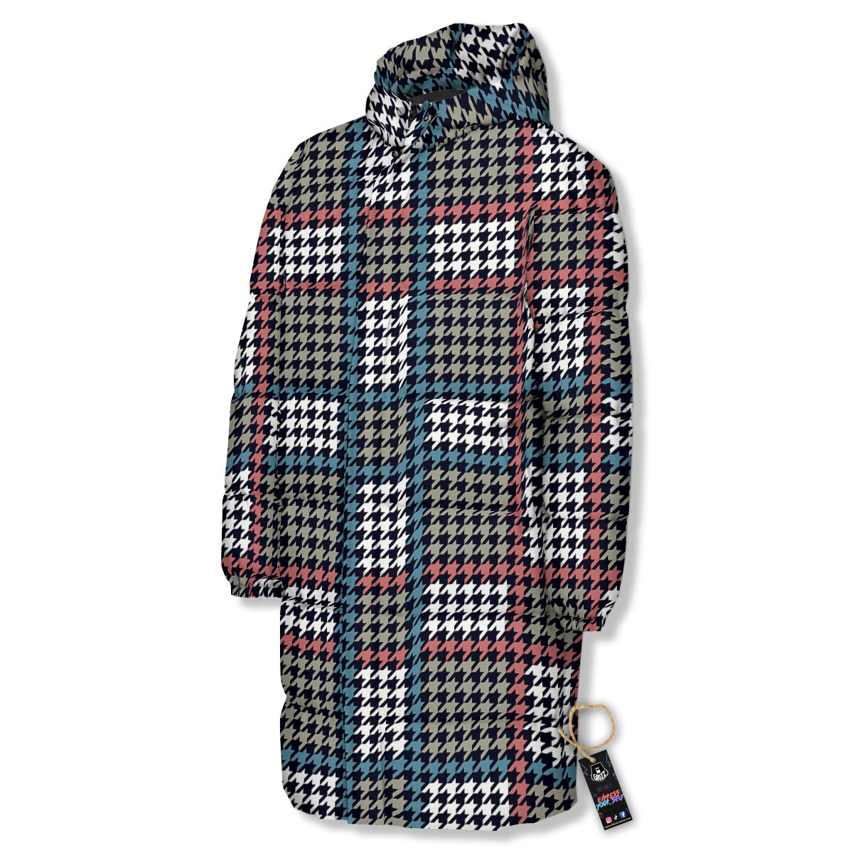 White Houndstooth And Blue Red Print Long Down Jacket