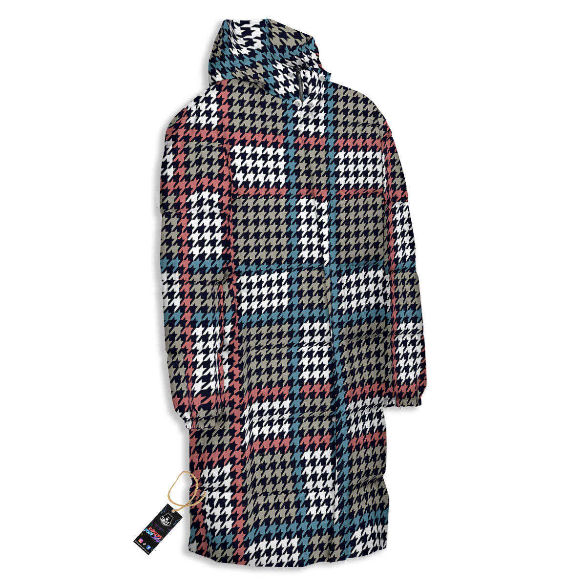 White Houndstooth And Blue Red Print Long Down Jacket
