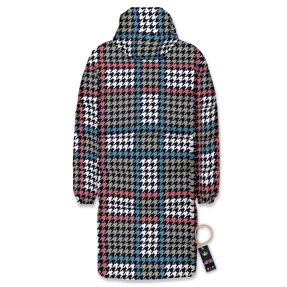 White Houndstooth And Blue Red Print Long Down Jacket