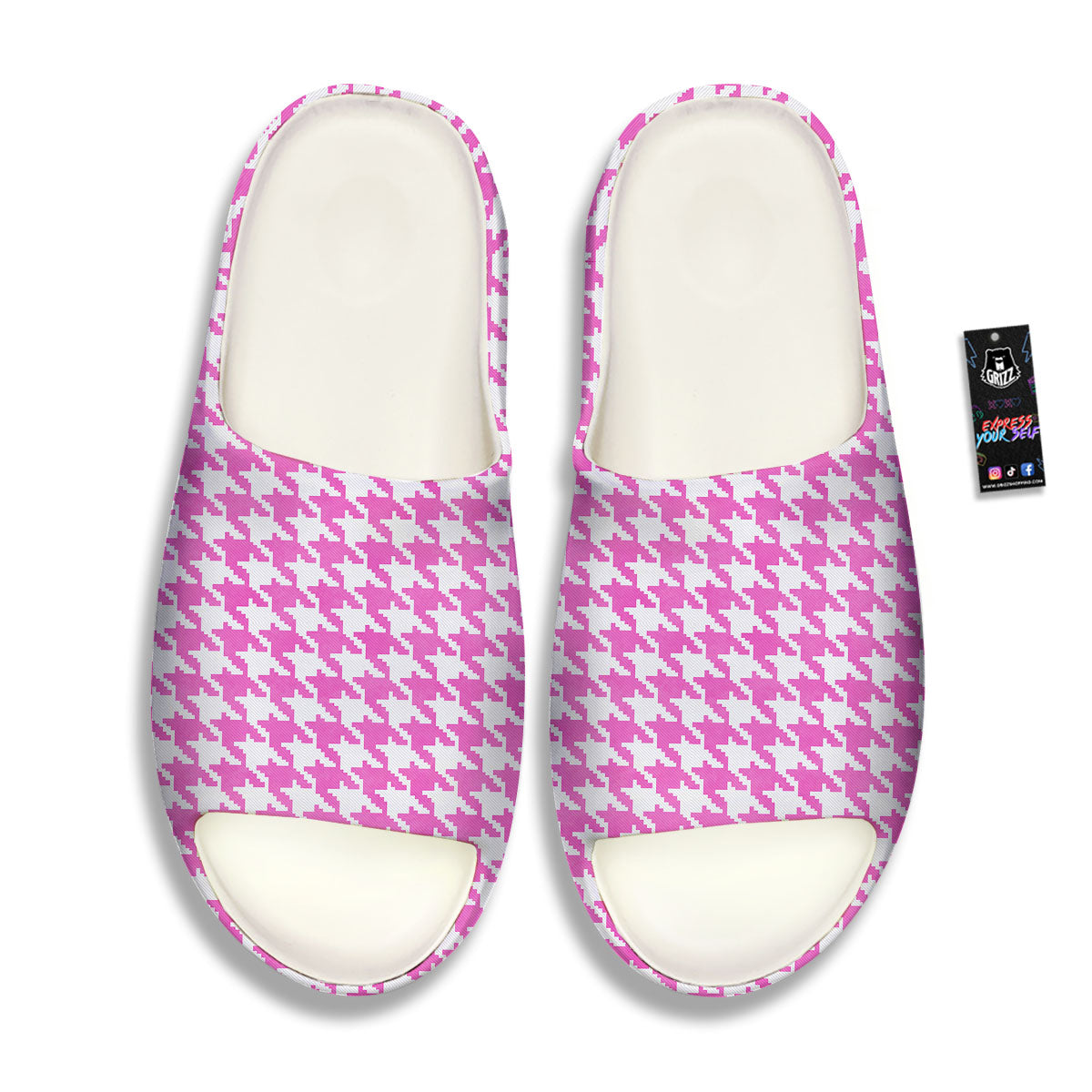 White Houndstooth And Pink Print Sandals-grizzshop
