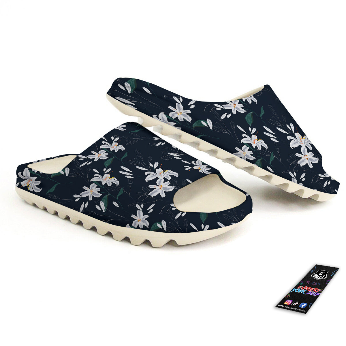 White Lily Black Print Pattern Sandals-grizzshop
