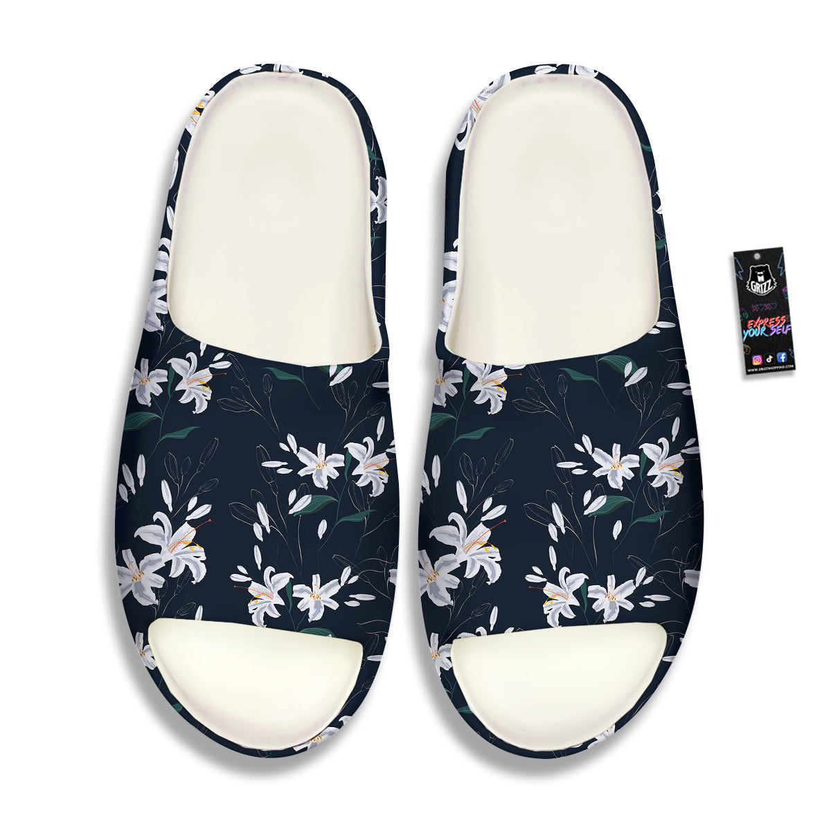 White Lily Black Print Pattern Sandals-grizzshop