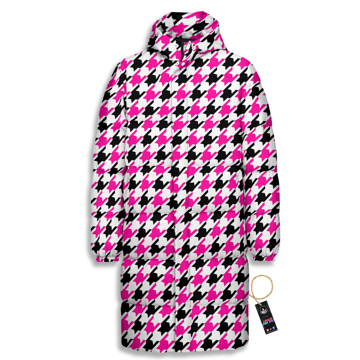 White Pink And Black Houndstooth Print Long Down Jacket
