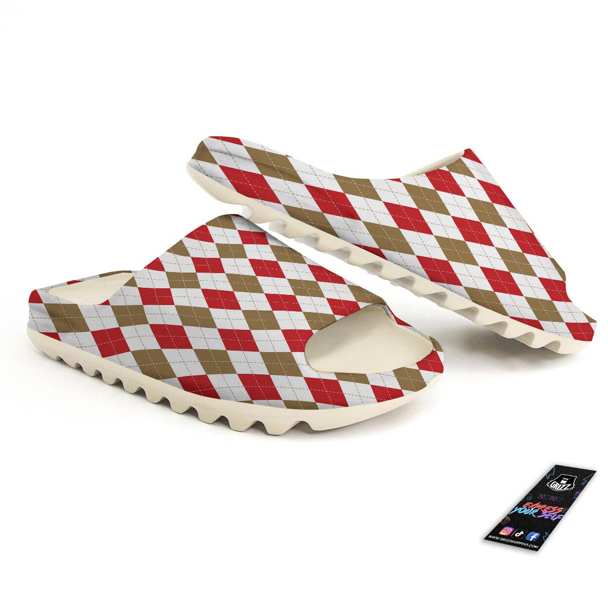 White Red And Beige Argyle Print Pattern Sandals-grizzshop