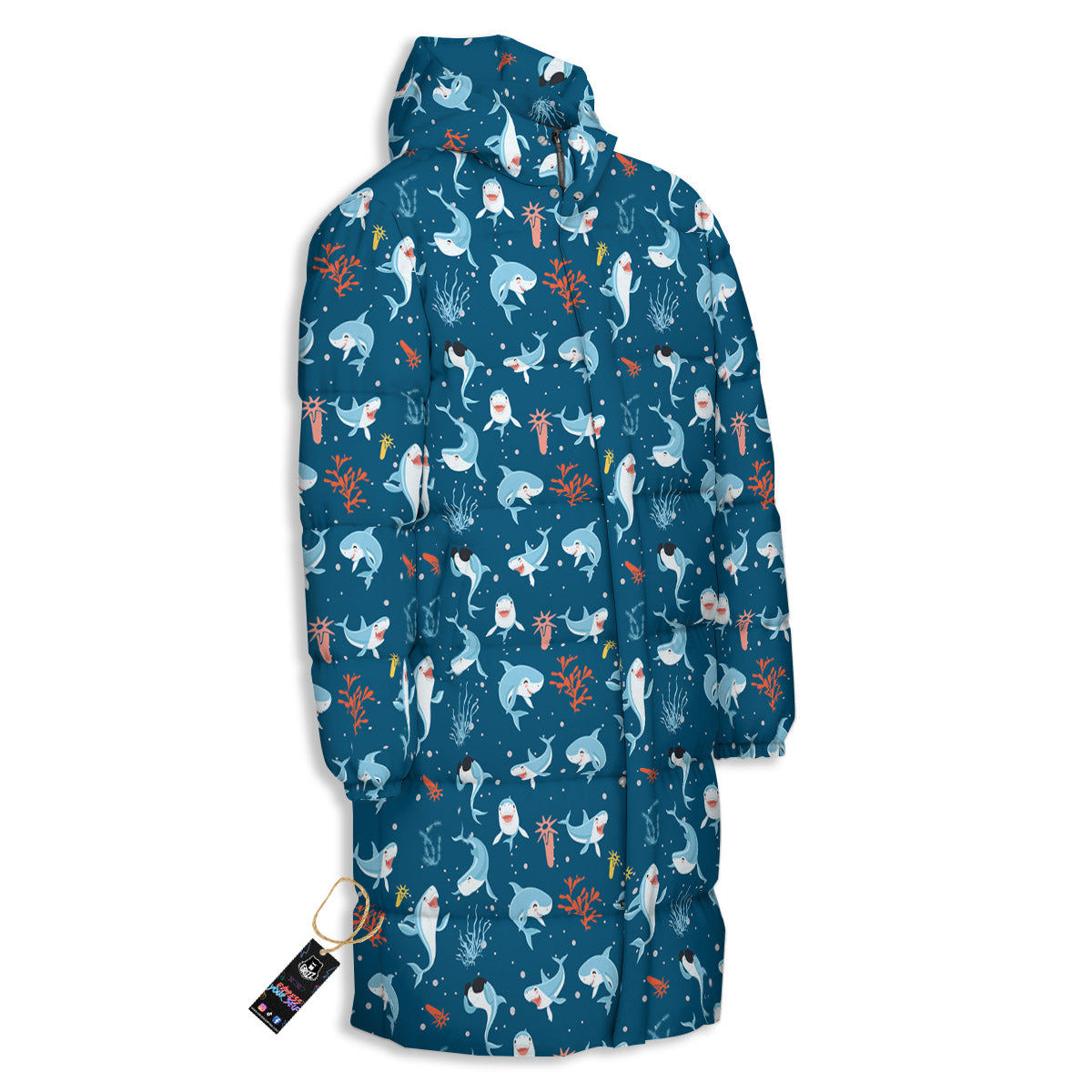 White Shark Cartoon Print Pattern Long Down Jacket