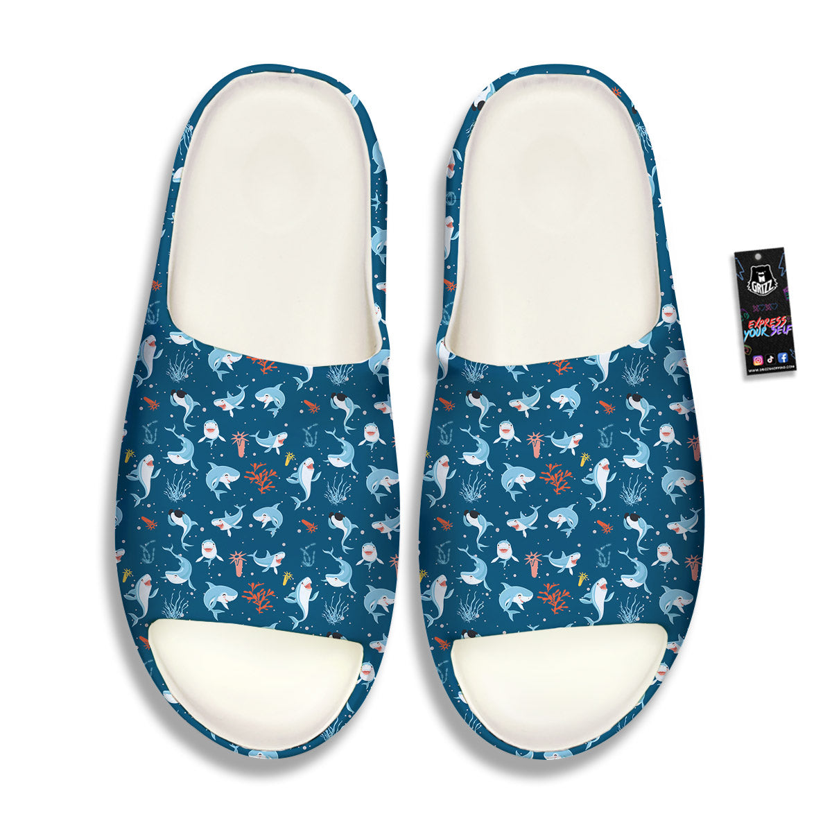 White Shark Cartoon Print Pattern Sandals-grizzshop